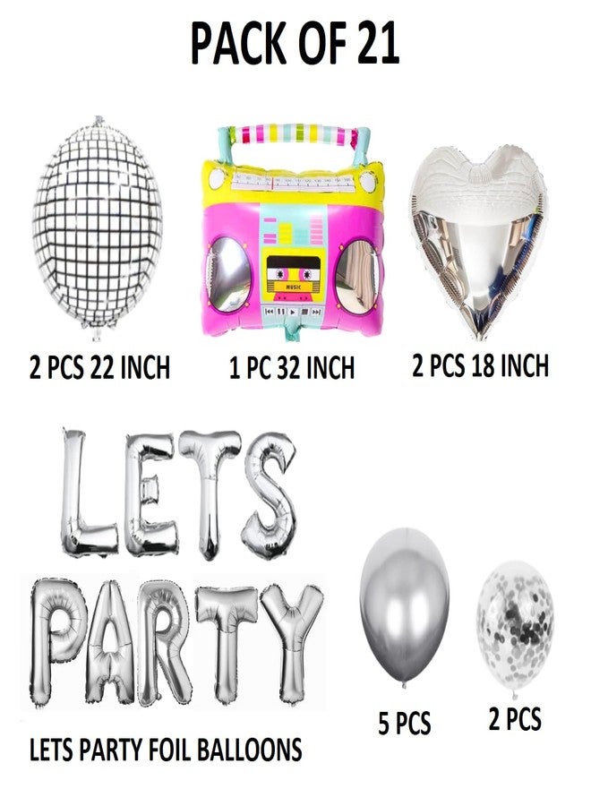 FI - FLICK IN Latex 21 Pcs Lets Party Retro Theme Party Decorations Radio Music Foil Balloons Lets Party Disco Ball Balloon Decoration Confetti & Chrome Balloons (Pack of 21, Multicolor) - Image 2